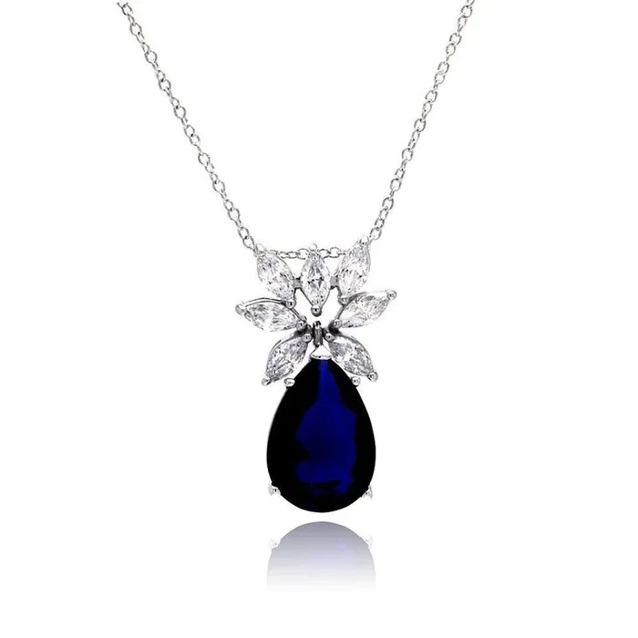 Collar con colgante de circonita cúbica transparente bañada en rodio de plata 925 y circonita cúbica de pera azul – STP00941BLUE