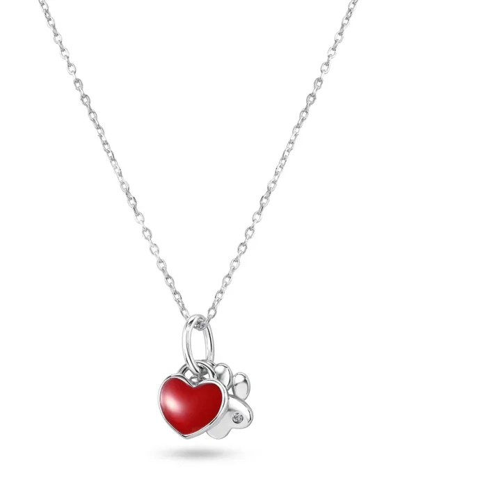 Collar con colgante de corazón de esmalte rojo con forma de pata de perro en plata de ley 925 rodiada – STP01854