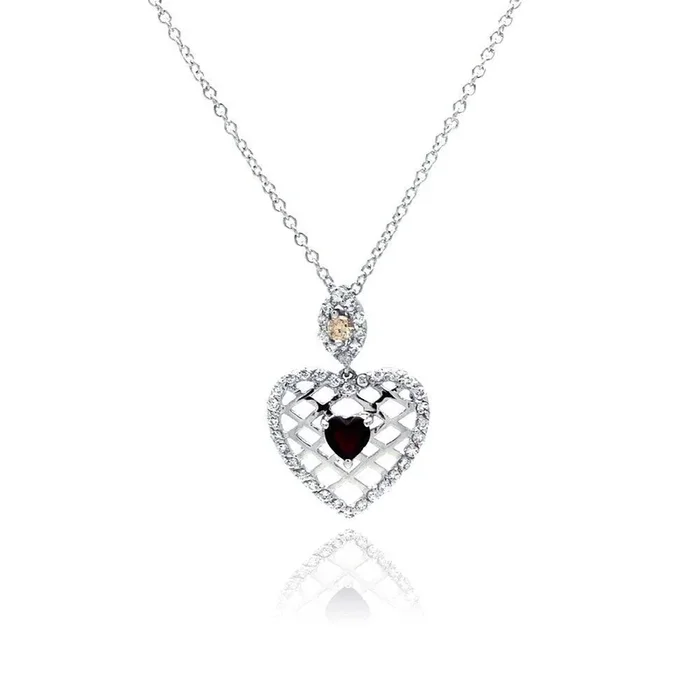 Collar con colgante de corazón de filigrana chapado en rodio con circonita roja de plata 925 – BGP00072