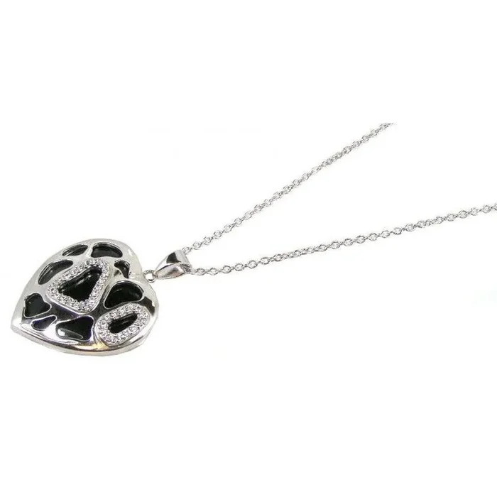 Collar con colgante de corazón de ónix negro y circonitas cúbicas transparentes en plata 925 rodiada – STP00623