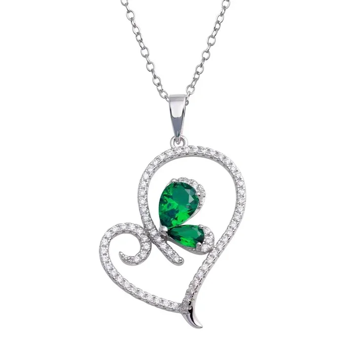 Collar con colgante de corazón de plata de ley 925 rodiada y circonita verde – BGP01311