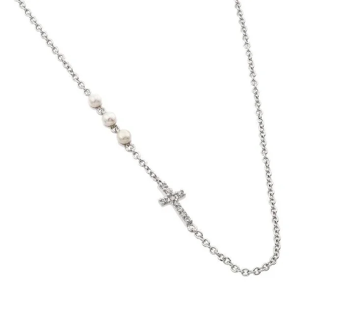 Collar con colgante de cruz, 3 perlas y 1 cruz, chapado en rodio, plata transparente, BGP00949