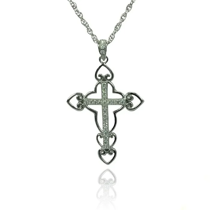 Collar con colgante de cruz de circonita transparente chapado en rodio de plata 925 – STP01356