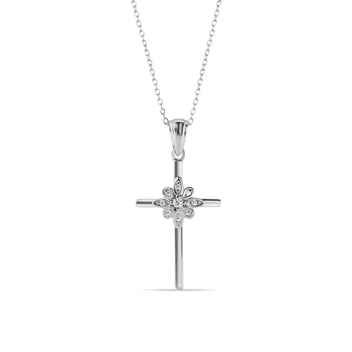 Collar con colgante de cruz y flor en plata de ley 925 rodiada con circonitas – STP01621