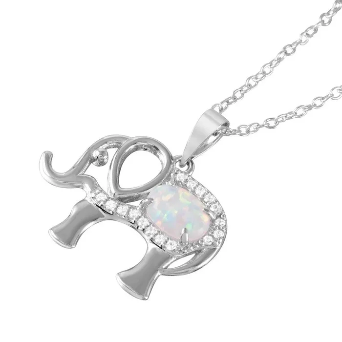 Collar con colgante de elefante con circonita transparente y ópalo chapado en rodio de plata 925 – BGP01056
