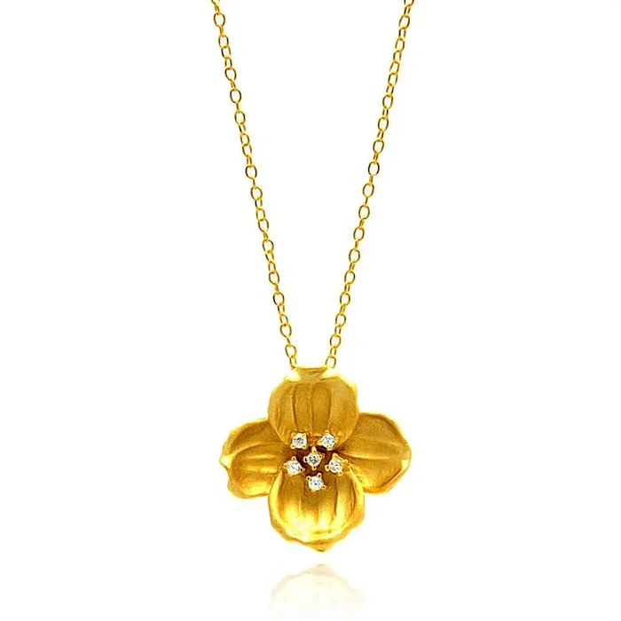 Collar con colgante de flor de circonita transparente chapado en oro de plata 925 – STP00940