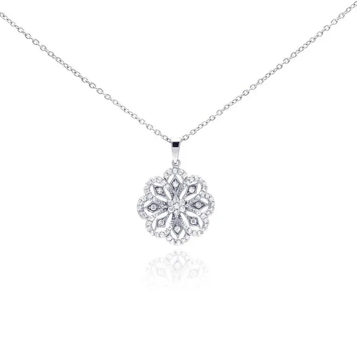Collar con colgante de flor de circonita transparente chapado en rodio de plata 925 – STP01043