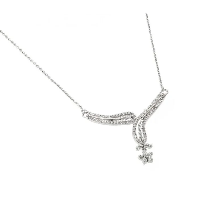 Collar con colgante de hoja y flor de circonita transparente chapado en rodio de plata 925 – BGP00955