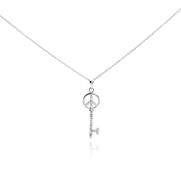 Collar con colgante de llave de paz con circonita cúbica transparente chapada en rodio de plata 925 – STP00991