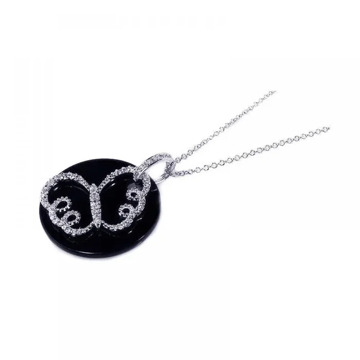 Collar con colgante de mariposa en plata 925 con circonitas transparentes y ónix rodiado – BGP00125