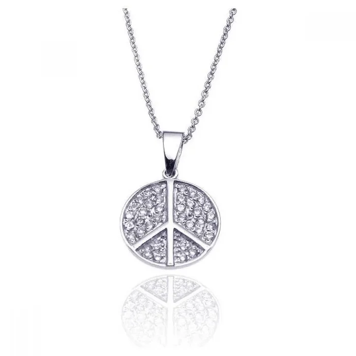 Collar con colgante de paz con circonita cúbica transparente bañada en rodio de plata 925 – STP00901