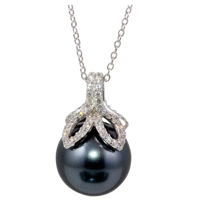 Collar con colgante de perla gris y circonita cúbica en plata de ley 925 rodiada – BGP01245