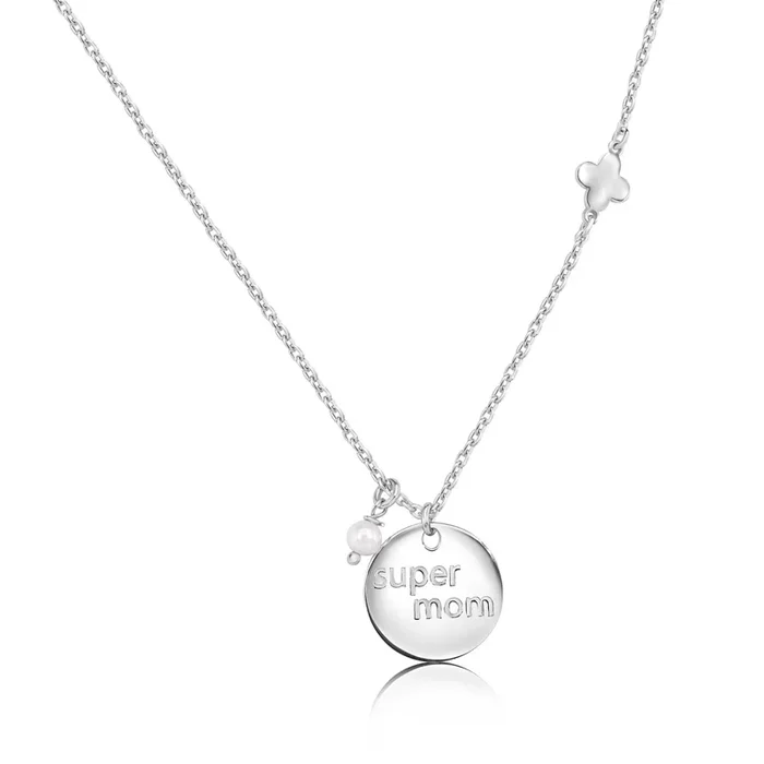 Collar con colgante de trébol de cuatro hojas y perla de Super Mamá en plata de ley 925 rodiada – SOP00179