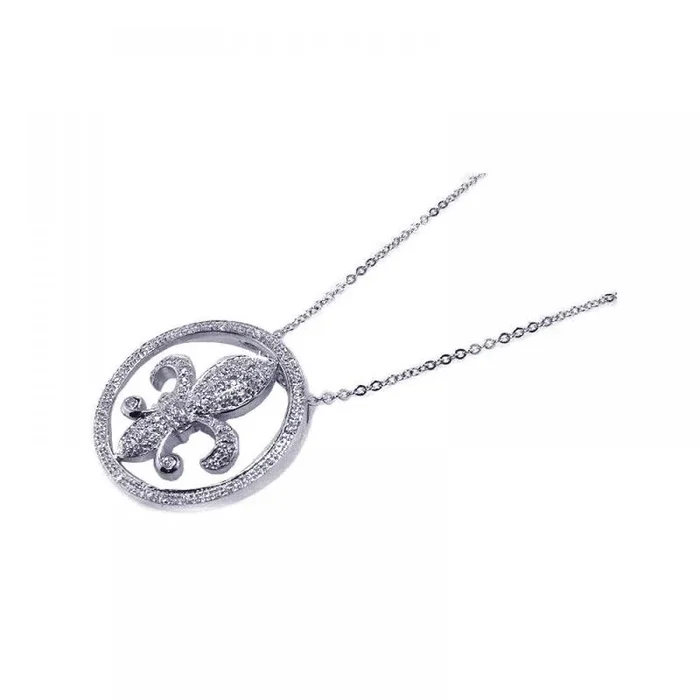 Collar con colgante Flor de Lis en plata 925 con circonitas transparentes y baño de rodio – BGP00059