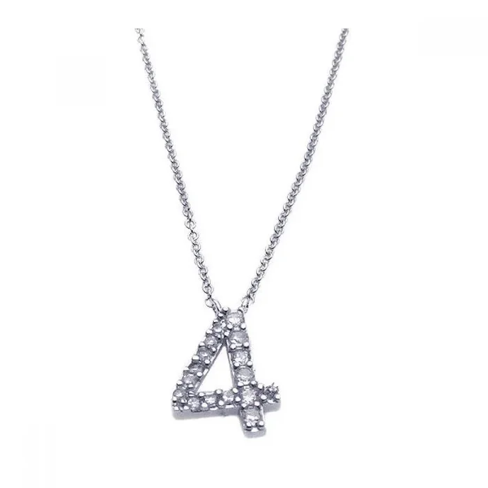 Collar con colgante número 4 de circonita transparente chapado en rodio de plata 925 – STP00831