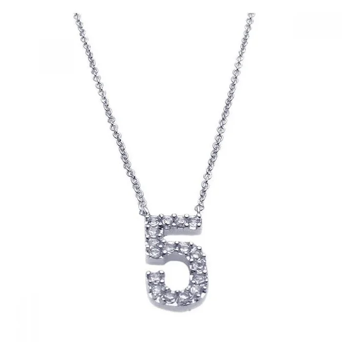 Collar con colgante número 5 de circonita transparente chapado en rodio de plata 925 – STP00832