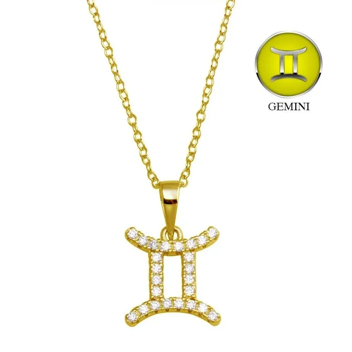 Collar con el signo del zodiaco Géminis y circonita cúbica en plata de ley 925 bañado en oro – BGP01332GP