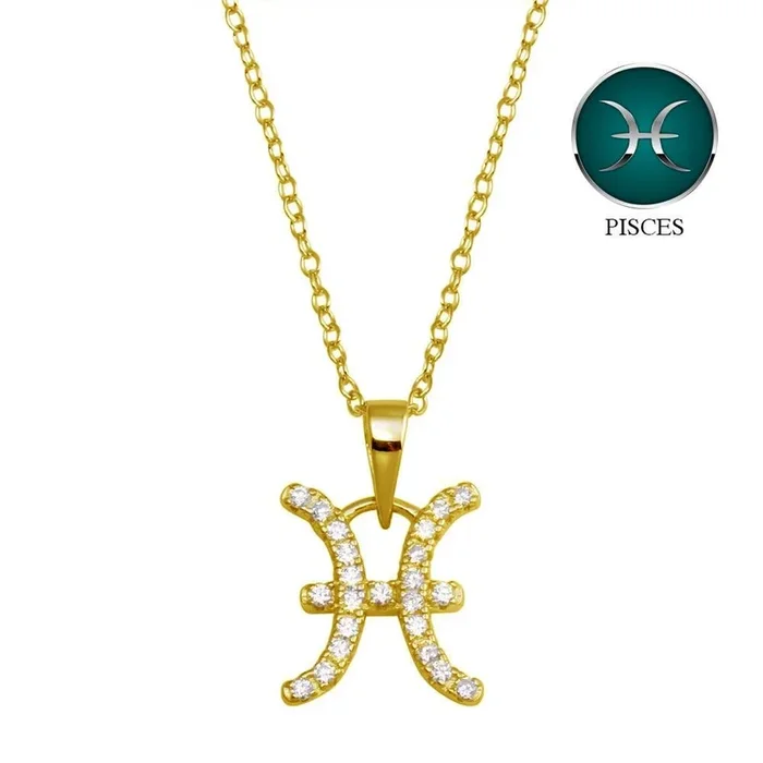 Collar con el signo del zodiaco Piscis en plata de ley 925 bañado en oro y circonitas – BGP01329GP