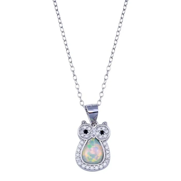 Collar de búho de ópalo sintético con circonita cúbica en plata de ley 925 rodiada – STP01748