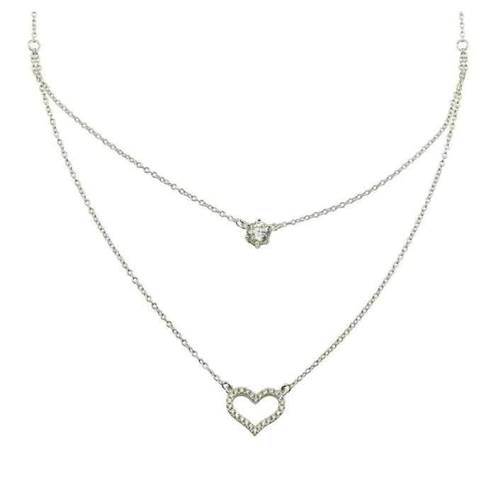 Collar de corazón de doble cadena con circonitas cúbicas en plata de ley 925 rodiada – BGP01224