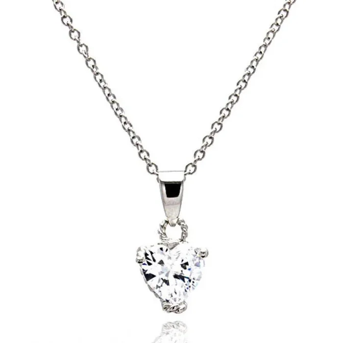Collar de cuerda con circonita cúbica y solitario de corazón transparente chapado en rodio en plata 925 – STP00090