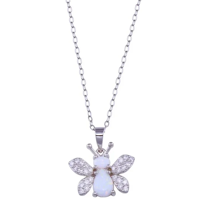 Collar de mariposa de plata de ley 925 rodiada con circonita cúbica y ópalo sintético – BGP01436