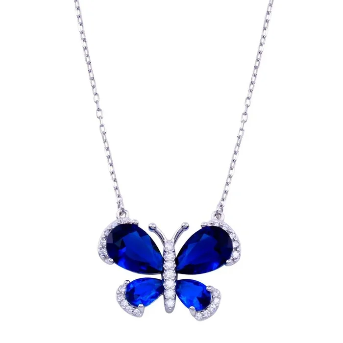 Collar de mariposa de plata de ley 925 rodiada con circonitas transparentes y azules – BGP01421