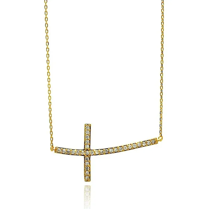 Collar de plata 925 chapado en oro con cruz lateral y circonita cúbica – BGP00670
