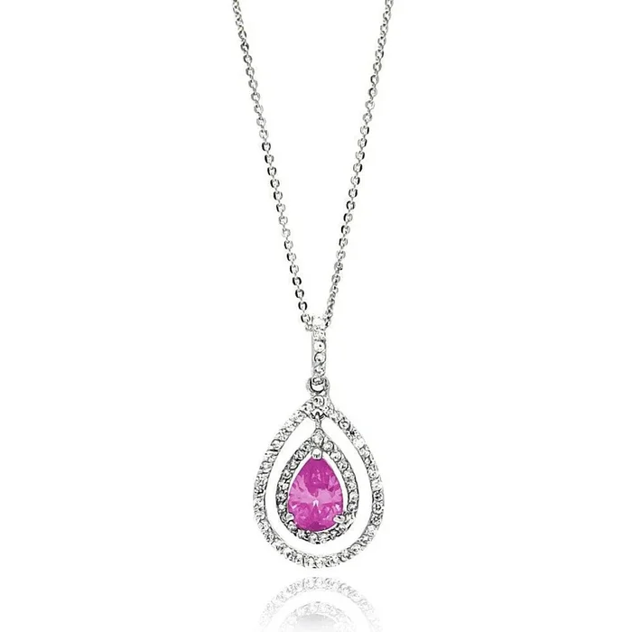 Collar de plata de ley 925 rodiada con circonita cúbica rosa en forma de lágrima – BGP00665