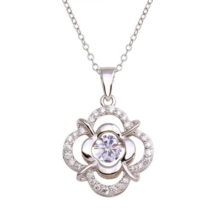 Collar de plata de ley 925 rodiada con circonitas cúbicas danzantes y flor abierta – STP01693