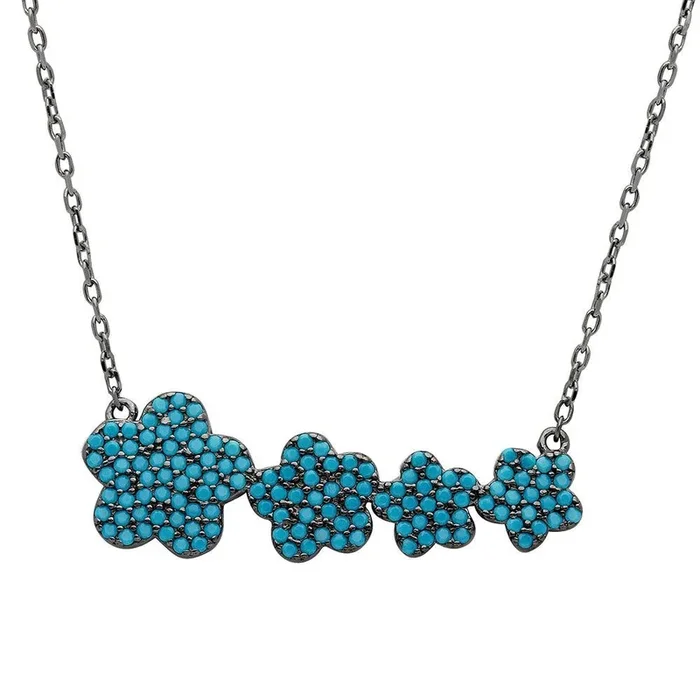 Collar de plata de ley 925 rodiada con cuatro flores incrustadas en turquesa – STP01537BP