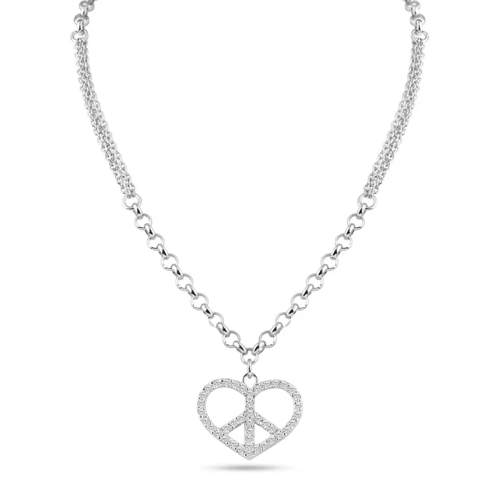 Collar de plata de ley 925 rodiada con doble cadena y circonitas transparentes en forma de corazón – STP00867