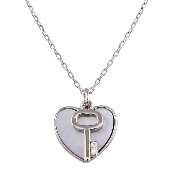 Collar de plata de ley 925 rodiada con llave y corazones de nácar – STP01757