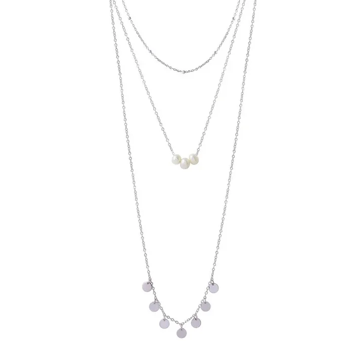 Collar de plata de ley 925 rodiada con tres vueltas de perlas de agua dulce y confeti circular – STP01576RH