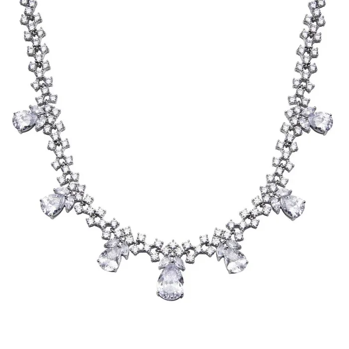Collar de tenis con circonitas cúbicas transparentes y múltiples lágrimas en plata de ley 925 rodiada – STP01840