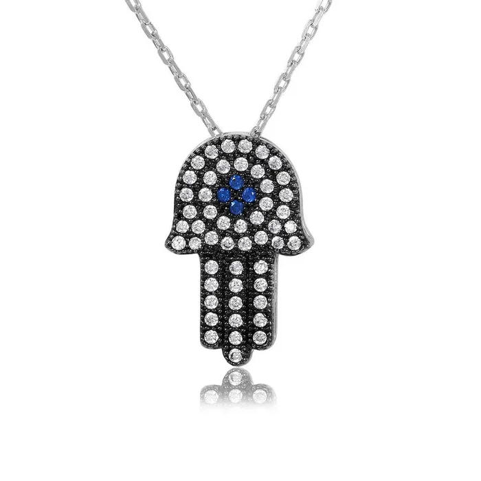 Collar Hamsa con circonita negra chapada en rodio en plata 925 – GMN00004B-S