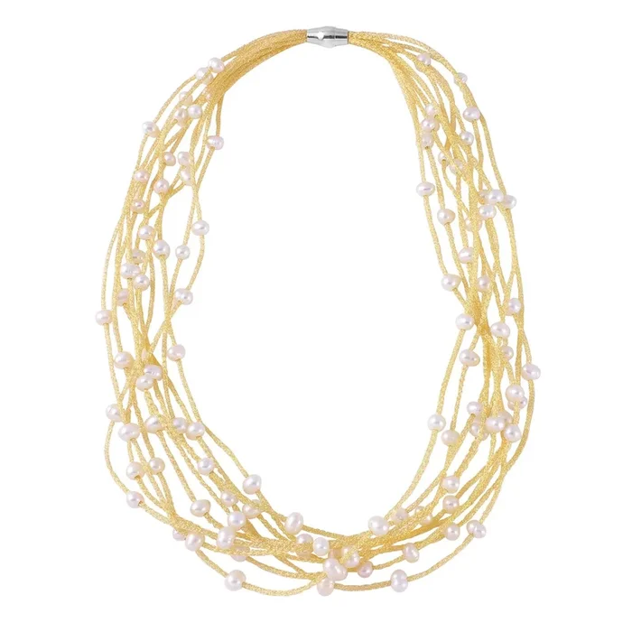Collar multihebra de plata de ley 925 bañado en oro con detalle de perla fresca – ECN00018RY
