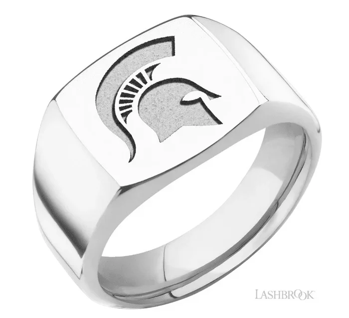 COLLEGIATE COLLECTION MSU Medium Cushion 10K White Gold Signet Ring with Spartan Helmet Engraving