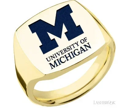COLLEGIATE COLLECTION U of M 10K Yellow Gold Large Cushion Signet Ring with Blue Accent