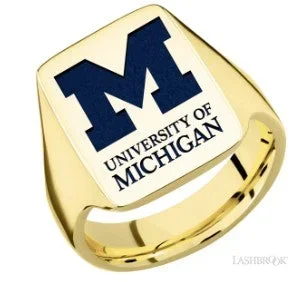 COLLEGIATE COLLECTION U of M 10K Yellow Gold Large Rectangle Signet Ring with Blue Accent U of M