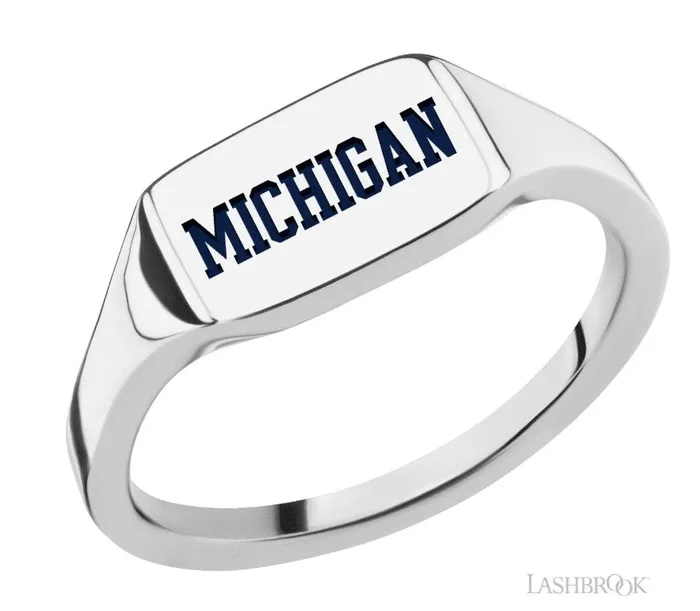 COLLEGIATE COLLECTION U of M Small 10K White Gold Rectangular Signet Ring with Blue Accent
