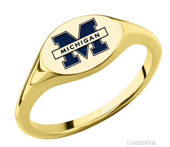 COLLEGIATE COLLECTION U of M Small 10K Yellow Gold Oval Signet Ring with Blue Accent Block M Engraving