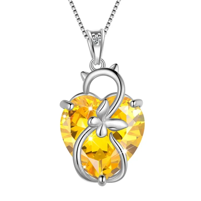 Collier chat 15 mm pour femme, pendentif papillon en citrine jaune, pierre de naissance de novembre, argent sterling 925, bijou pour amoureuse des chats, cadeau de Noël ou d’anniversaire.