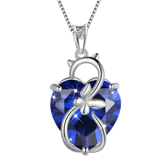Collier chat femme 15 mm, pendentif cœur en argent sterling 925, pierre de naissance de septembre, saphir bleu et papillon. Bijou idéal pour un anniversaire ou la fête des mères.