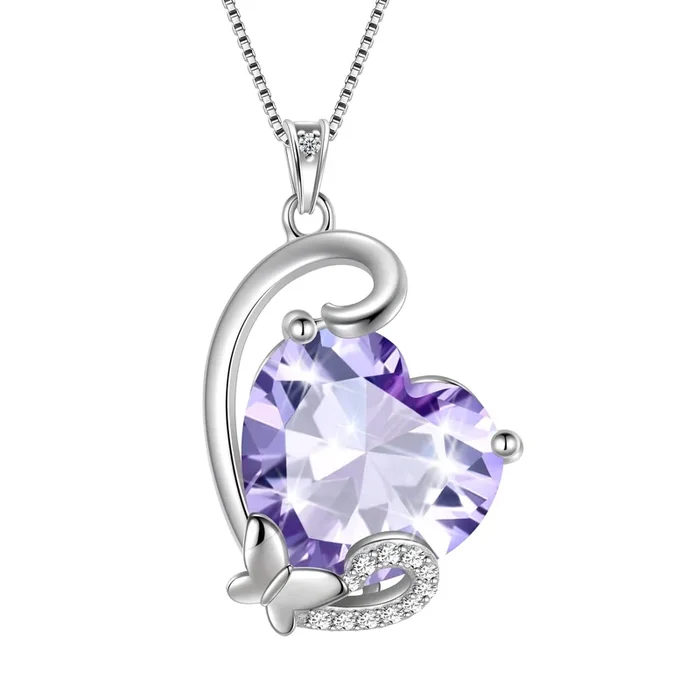 Collier cœur avec pendentif papillon et alexandrite en zircon cubique, pierre de naissance de juin, en argent sterling 925. Bijou idéal pour une mère, un anniversaire ou la Saint-Valentin.
