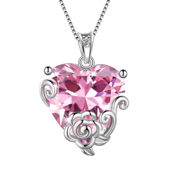 Collier cœur pour femme, pierre de naissance d’octobre, tourmaline rose, pendentif fleur en argent sterling 925, cadeau idéal pour un anniversaire, Noël ou la Saint-Valentin.