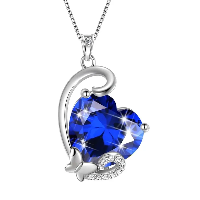 Collier en argent sterling 925 avec pendentif papillon et pierre de naissance de septembre, orné d’un cœur et d’un saphir bleu. Cadeau idéal pour Noël, un anniversaire ou la fête des mères.