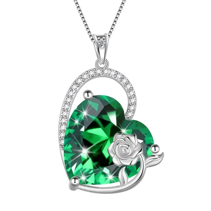 Collier en argent sterling 925, pendentif cœur 15 mm, pierre de naissance de mai, émeraude, rose verte. Cadeau idéal pour un anniversaire, Noël ou la fête des mères.