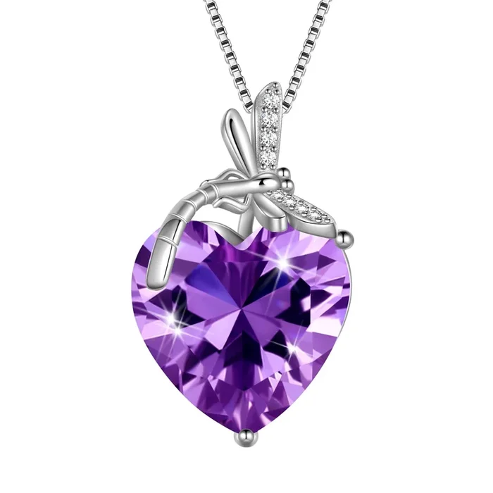 Collier Libellule Cœur Pierre de Naissance Février Améthyste Violette Bijou Pendentif Argent Sterling Femme Cadeau Anniversaire Noël Fête des Mères