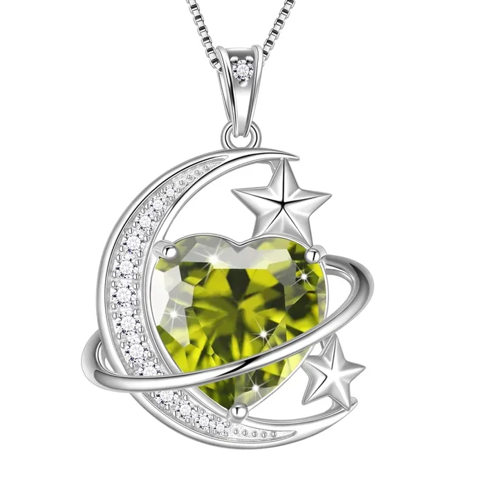 Collier Lune et Étoile 13 mm pour femme, pendentif cœur en argent sterling 925 avec péridot vert, pierre de naissance d’août. Bijou céleste, cadeau idéal pour Noël, un anniversaire ou la Saint-Valentin. À offrir à votre femme, épouse ou mère.